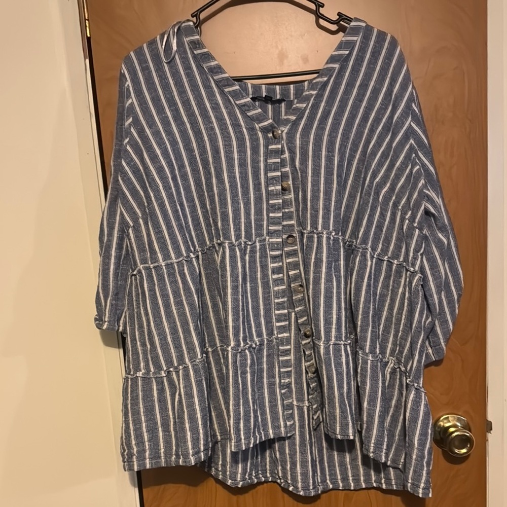 White and Blue Oversized Button Down Top with Notched Collar